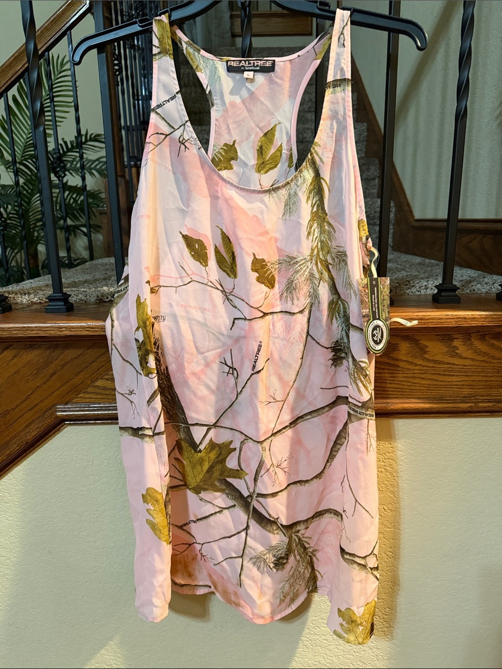 Realtree Pink Camo Racerback Tank with Olive Leaf Print